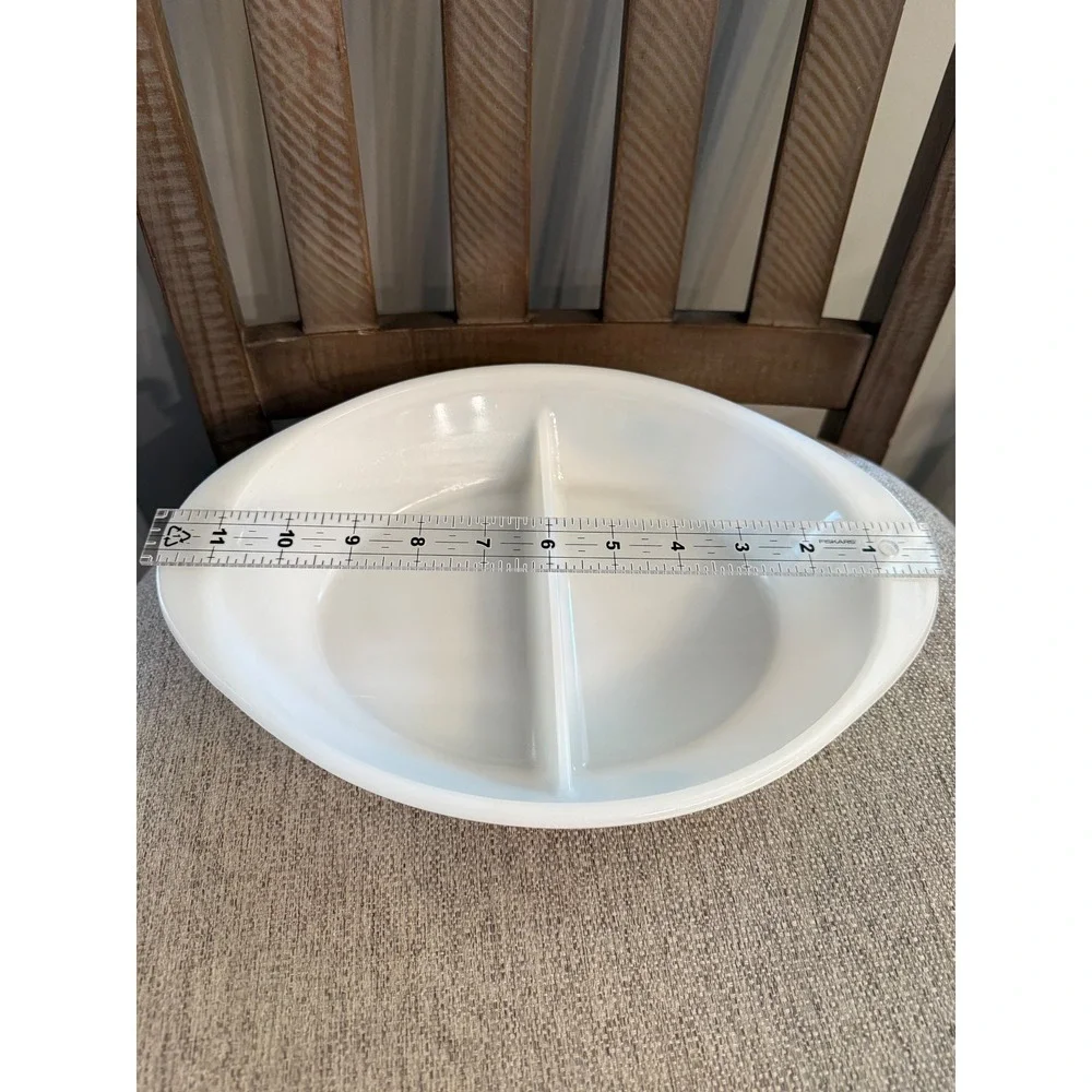 Vintage Glasbake Blue Floral Milk Glass Divided Oval Casserole Dish J-2352 USA